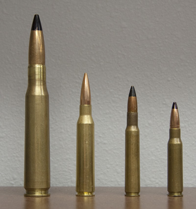 Cartridge comparison, L to R - .50 BMG, .338 Lapua Magnum, .30-’06 Springfield, 7.62 x 51 mm NATO